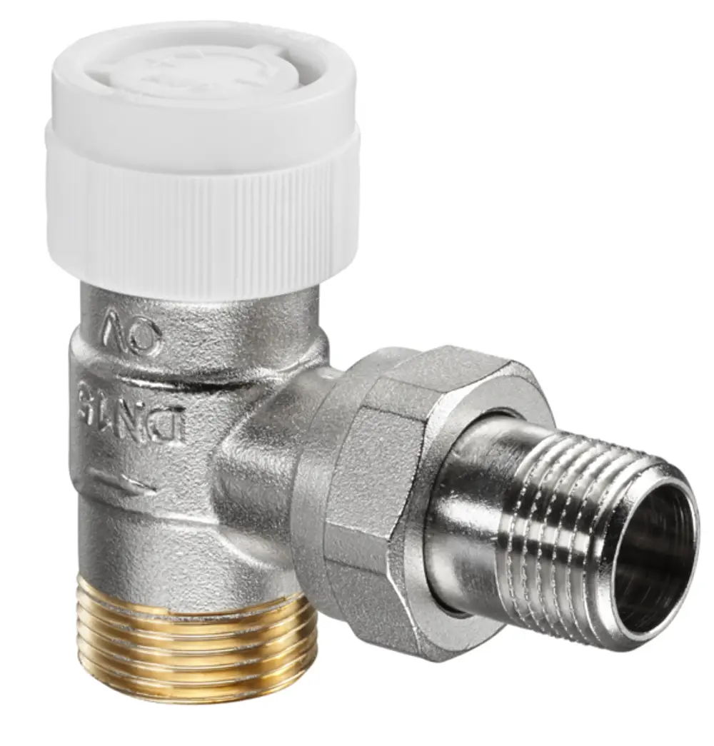 Thermostatventil von Oventrop in L-Form mit einer Anschlussmutter und einem integrierten Kopf, geeignet für Rohrinstallationen.